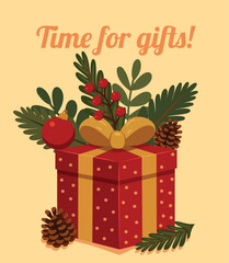 Sweet illustration featuring a bright red gift, pine cones, Christmas tree decorations on a light background. It's gift-giving time. Use for cards, Christmas and New Year greetings, social media post
