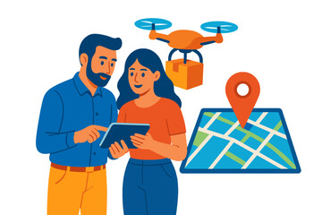 Business professionals planning automated drone delivery logistics using digital tablet