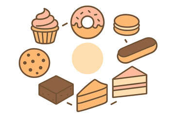 Sweet dessert icons arranged in a circular pattern including cake slices, donut, cupcake, and cookie