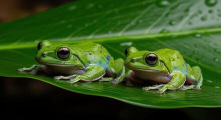 Obraz premium Two Vibrant Green Tree Frogs on Leaf, Macro Photography, Nature's Beauty.