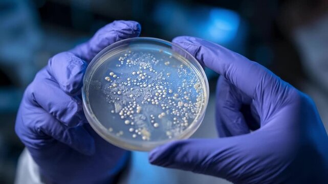 Bacterial colonies growing on an agar plate in a petri dish, held by gloved hands in a laboratory.