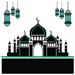 Islamic Mosque with Arabic Calligraphy and Lanterns,,Ramadan Kareem and Eid Mubarak Vector Illustration,Ramadan and Eid Mubarak Background