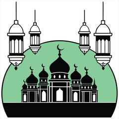 Islamic Mosque with Arabic Calligraphy and Lanterns,,Ramadan Kareem and Eid Mubarak Vector Illustration,Ramadan and Eid Mubarak Background