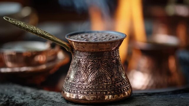 Ornate copper Turkish coffee pot (cezve) with a long handle over a flame, ready to brew.
