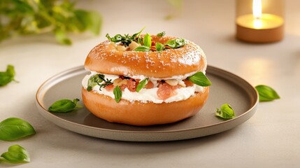 Gourmet Bagel with Cream Cheese, Prosciutto, Basil and Pine Nuts, Elegant Presentation, Fine Dining, Delicious Appetizer, Candlelight Setting, Close Up