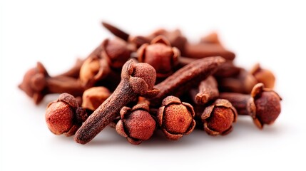 A close-up image of dried cloves, showcasing their rich, reddish-brown color and intricate details.
