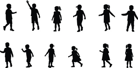 Children silhouette collection, boys and girls walking and playing vector illustration, childhood concept design, black and white kid activity pose art