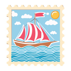 Illustration of a red and white traditional sailing ship on the ocean under a clear blue sky and bright sun on a postage stamp