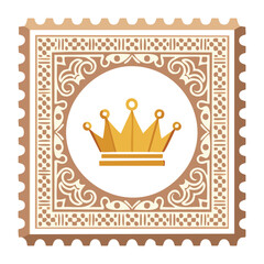 Illustration of a royal gold crown emblem design element within an ornate square frame on a collectible postage stamp