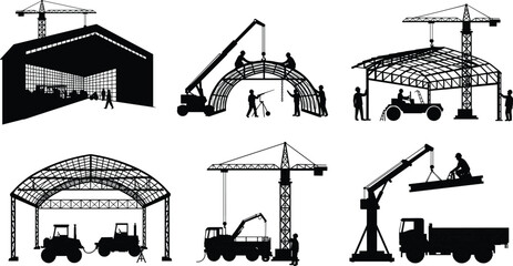 Obraz premium Construction workers assembling steel structure with cranes and heavy machinery, industrial building framework installation, teamwork and engineering at modern construction site