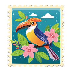Illustration of a colorful tropical toucan bird perched among vibrant flowers and green leaves in a cheerful design