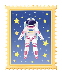 Illustration of a smiling astronaut floating in space surrounded by bright yellow stars in a dark sky