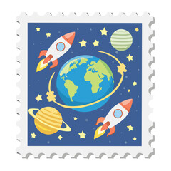 Illustration of an exciting space scene featuring small rockets, planets, and the Earth, designed as a colorful modern postage stamp