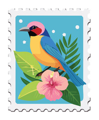 Fototapeta premium Illustration of an exotic yellow and red bird perched amongst vibrant palm leaves and tropical pink hibiscus flowers, bright postage stamp
