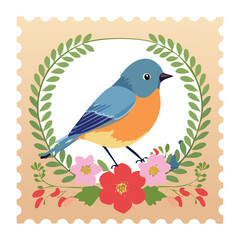 Illustration of a cheerful blue and orange bird sitting inside a circular green wreath adorned with delicate pink and white flowers