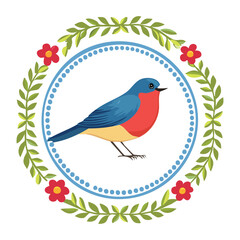 Illustration of a sweet blue and red robin bird in the center of a beautiful circular wreath made of red flowers and green leaves