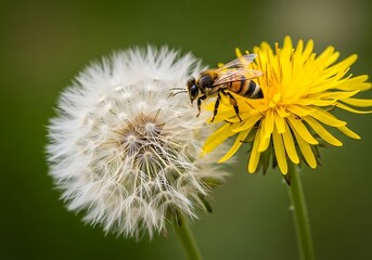 Fototapeta premium Bee on Dandelion - A Close-Up of Natures Beauty.