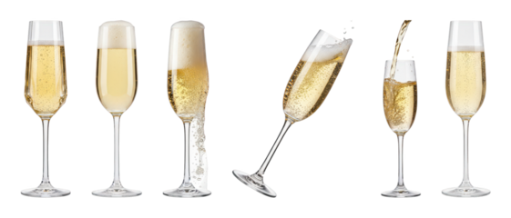 Champagne flute set including filled, foamy, spilling, pouring, and tilted stages isolated. Celebration and luxury drink collection.