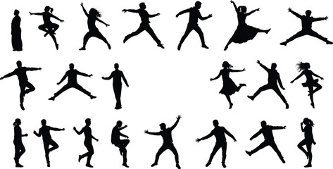 Dancing people silhouette collection, men and women jumping and moving vector illustration, energetic human poses, black and white dance design, performance concept art