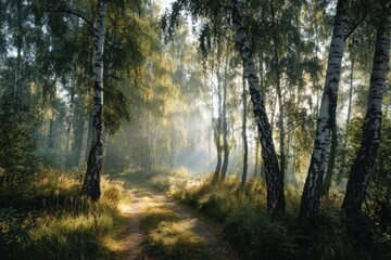 Obraz premium birch forest trail with sunlight through leaves peaceful woodland autumn atmosphere concept of nature lifestyle travel meditation promotion