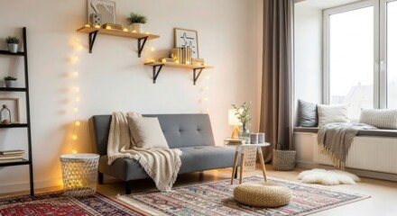 rustic living room, cozy and inviting, plush gray sofa, minimalist decor, warm lighting fixtures, antique wooden shelves, natural elements like plants and antlers, textured area rug, large windows