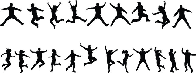 Jumping people silhouette collection, men and women celebrating vector illustration, active joyful motion concept, black and white energetic dance pose design art