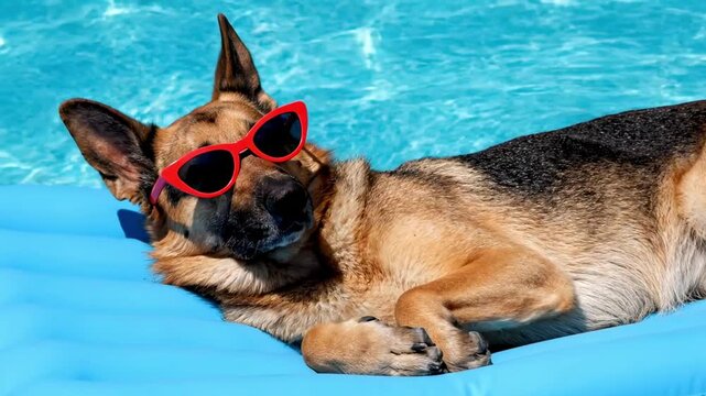 pool float for a dog - Sunlit German Shepherd lounges on a blue inflatable raft, wearing red sunglasses, paws crossed, dozing contentedly while floating in shimmering turquoise pool water. Brightly