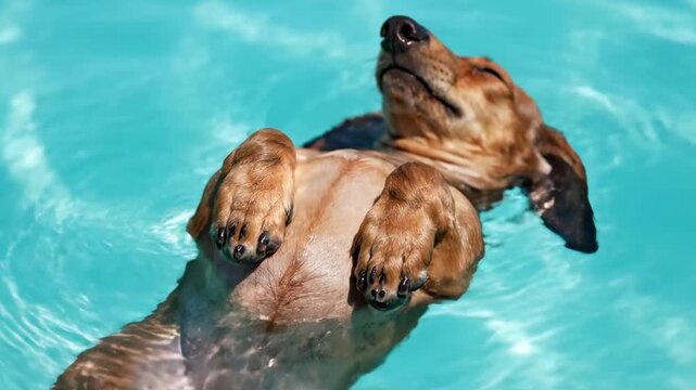 pool float for a dog - Relaxed brown dog floats on its back in clear turquoise pool water, paws curled, eyes closed and nose tilted skyward, sunlight dappling its wet fur and calm expression serene