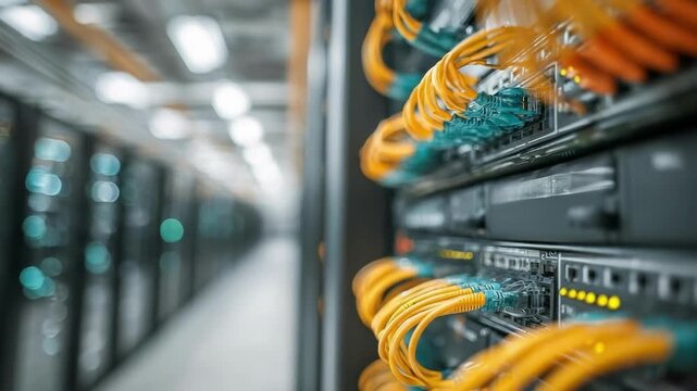 Data center with rows of server racks and yellow Ethernet cables connected to network switches.