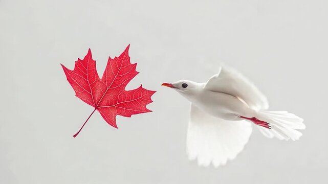 A white bird is seen flying alongside a single red leaf, providing a beautiful contrast in the natural environment