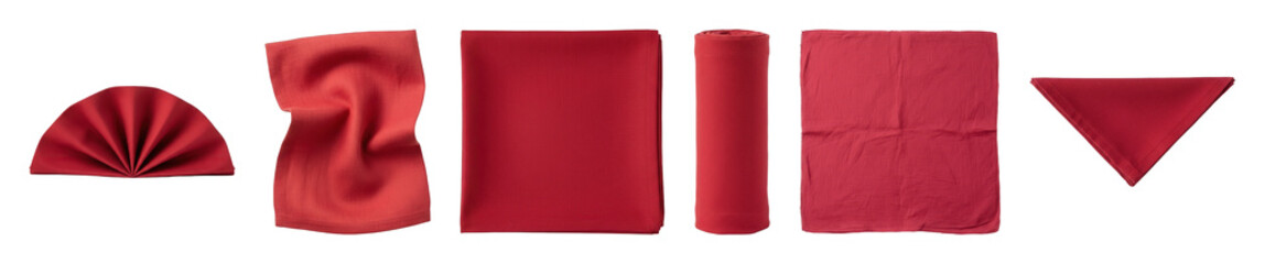 Red cloth napkin set including fan-folded, rolled, flat, rectangular, triangular, and draped styles isolated. Table decor and dining textiles.