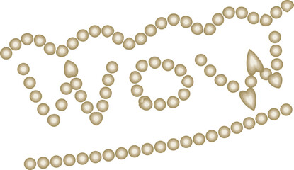 Gold luxury WOW word vector typography graphic element with pearls, beads, and bow design