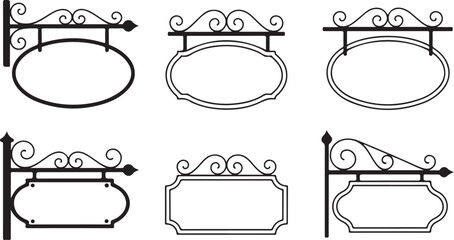 Ornate black wrought iron hanging signs with decorative scrollwork vector