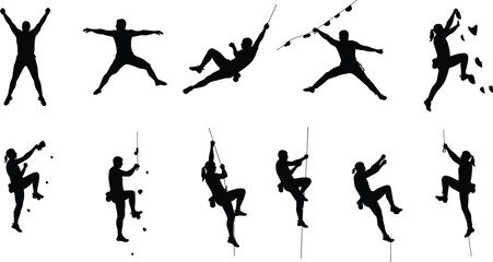 Silhouette collection of rock climbers, men and women climbing walls or mountains using ropes and harnesses, extreme sport vector illustration