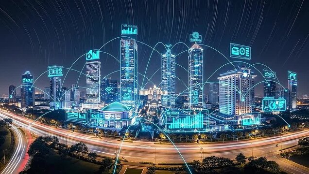 A digital cityscape shows buildings connected by neon lines symbolizing data flow. Car trails streak the highway - Powered by Adobe
