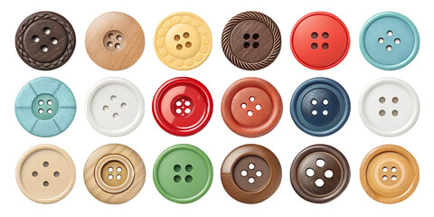 Clothing Buttons Set isolated Buttons of Various Sizes and Materials on Transparent Background