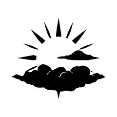 a stylized black silhouette of a sun partially obscured by clouds on a white background