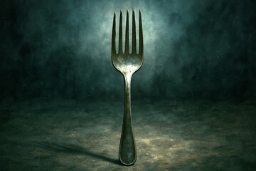 A single vintage fork stands upright on a textured surface under dramatic lighting against a moody green backdrop