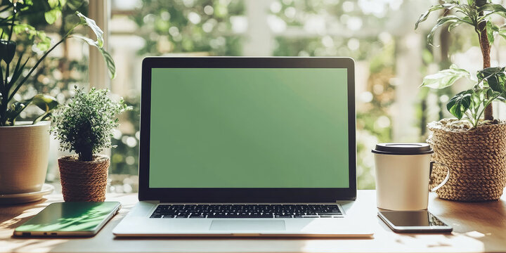 Modern laptop with green screen showing chroma key for copy space is placed on rustic wooden desk in cozy home office with potted plants, notebooks and pencils, illuminated by warm sunlight