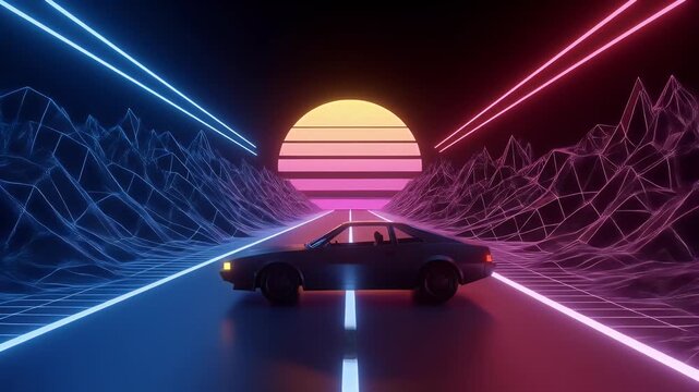 Retro 3D Futuristic Car Driving Neon Sunset Abstract Background