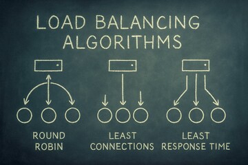 Chalkboard diagram illustrating three different load balancing algorithms with arrows and circles drawn in yellow chalk