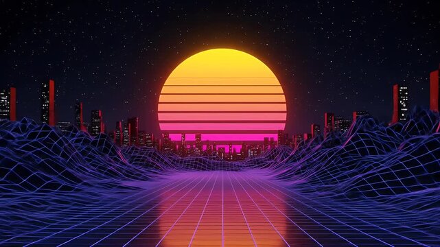 Retro 3D Sunset Cityscape Grid Road Abstract Background Loop