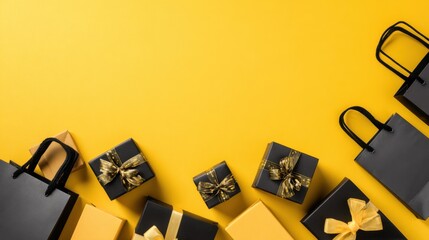 black gift boxes on yellow surface