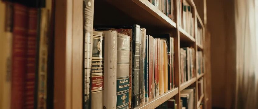 A calm and aesthetically pleasing animation of a camera panning across a shelf of colorful books. A versatile background for any literary or educational theme.