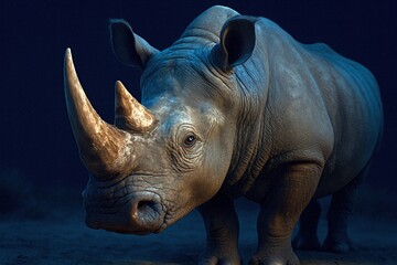 A powerful rhinoceros stands in dramatic blue lighting showcasing its massive horn and wrinkled gray hide