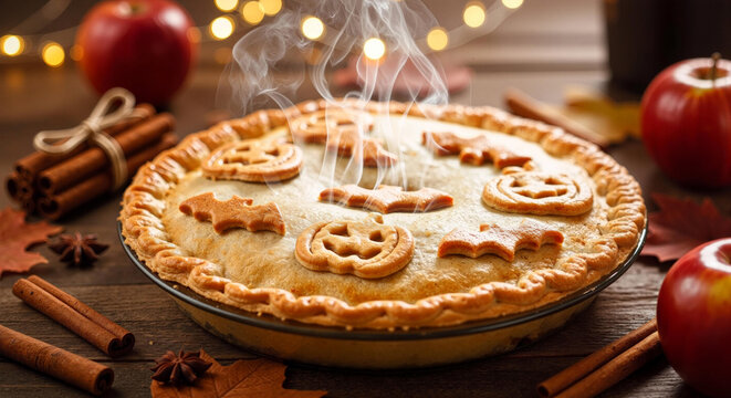 Celebrate Halloween with a delicious pumpkin pie topped with spooky designs and autumn decor