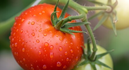 Ripe Tomato on the Vine with Water Droplets in Sunlight.