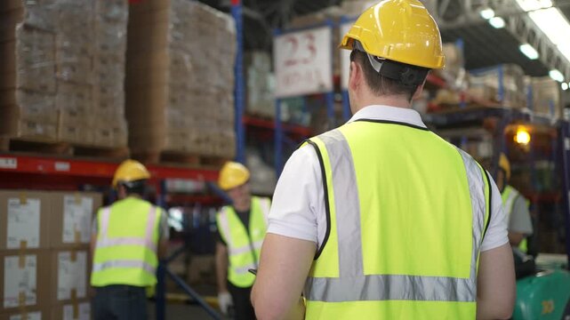 Blue collar workers are working at warehouse. Logistics, transportation.