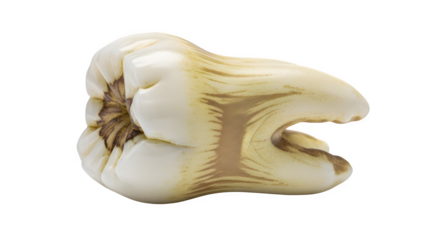 Closeup of a single extracted human molar tooth isolated on transparent background, showing the root and crown structure in detail