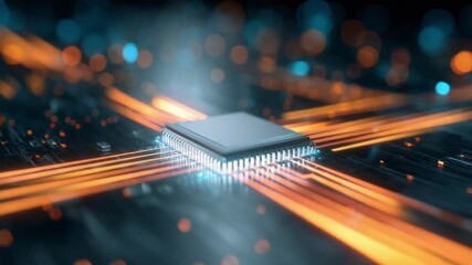 Close-up of a silicon microprocessor on a circuit board with glowing orange data traces. - Powered by Adobe